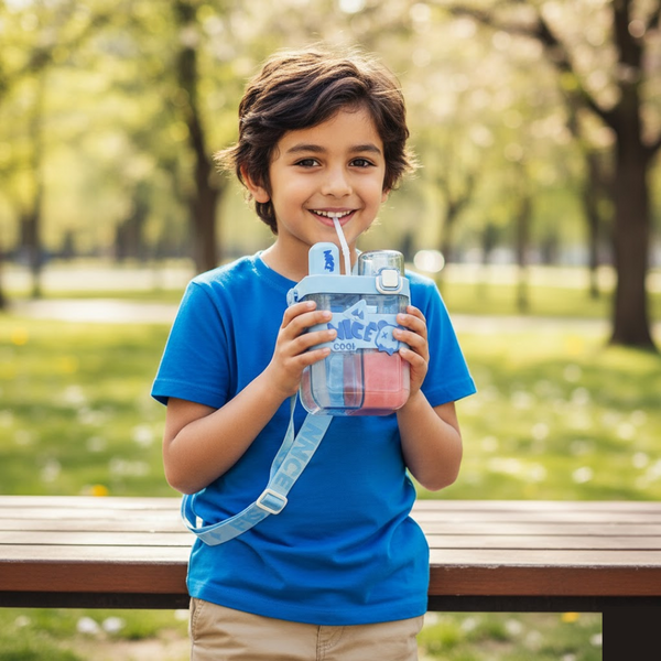 2in1 Dual Compartment Water Bottle with Straw & Adjustable Shoulder Straps (1 Pc/Multi color)