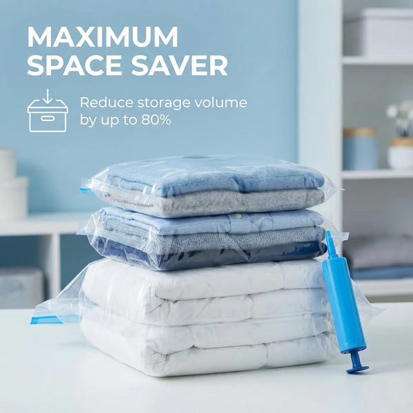 Vacuum Storage Bags with Suction Pump & Shirt clips - Vacuum Bags - Big Capacity Vacuum Seal Bags for Travel Clothes Blankets Pillows, Compression Bags | Space Saver Vacuum Storage Bags (5 Pcs Set)