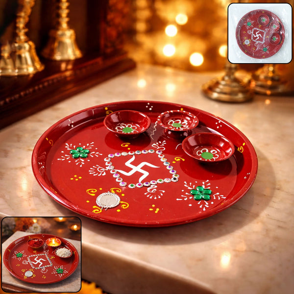 Hand-Painted Decorative Pooja Thali with Ganesha Motif and Diyas